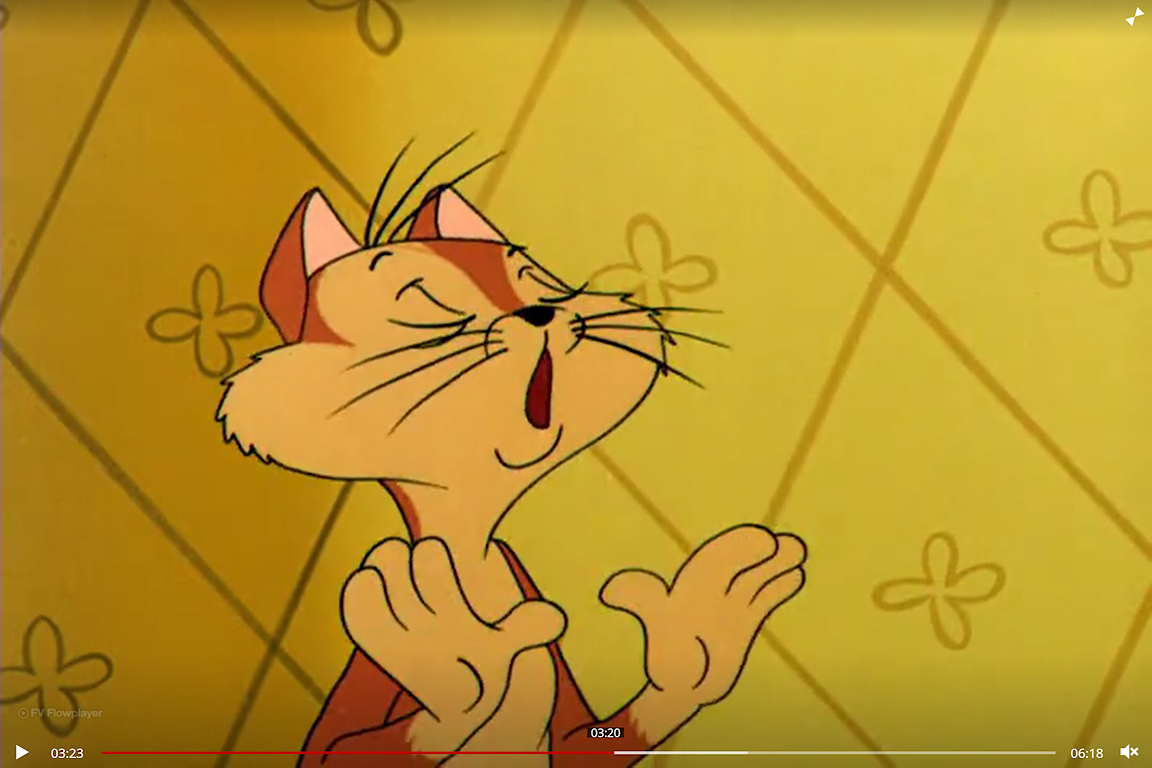 A cartoon cat holds up two paws with its eyes closed.